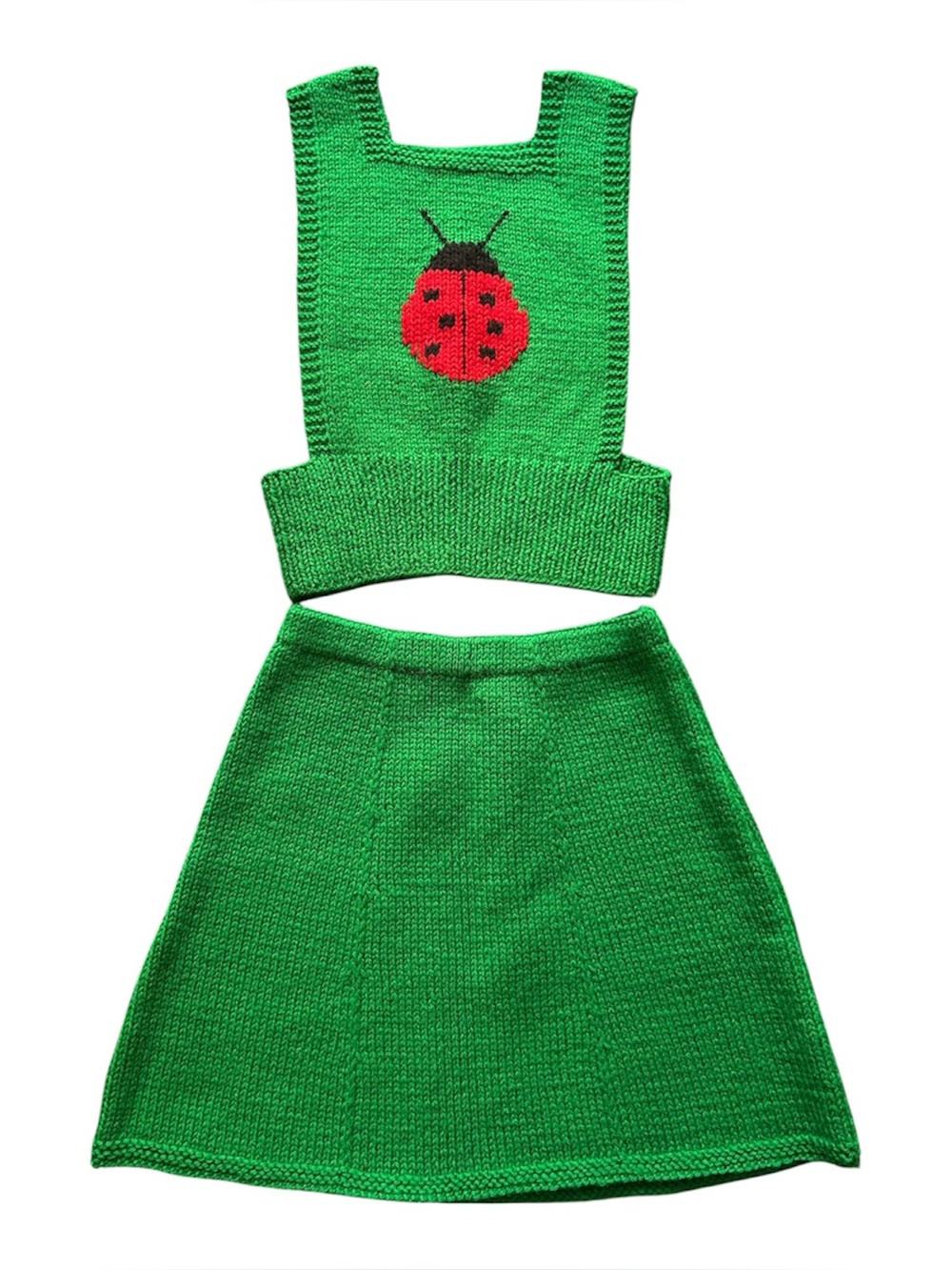 Vintage Green Knit Two-Piece Set with Red Ladybug Motif